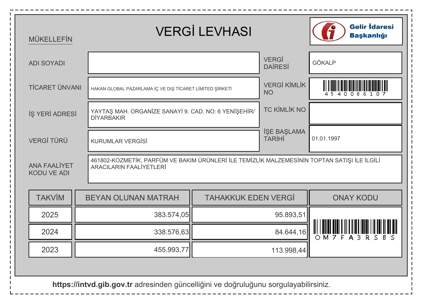 Hakan Global Pazarlama İç ve Dış Ticaret Limited Şirketi vergi levhası